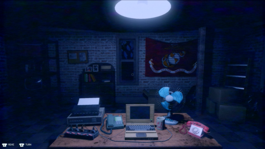 In-game screenshot; The player stands in front of a desk in a garage-turned-office.