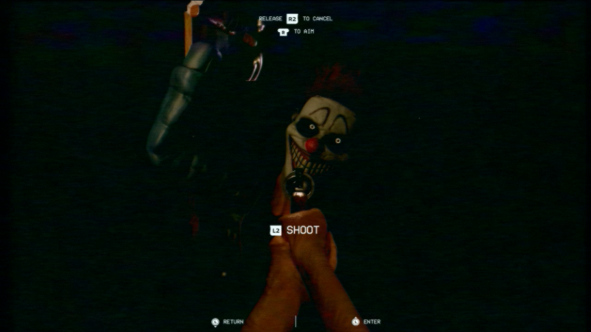 In-game screenshot; A man with a clown mask is about to swing a hammer at the player. The player is holding a revolver and is aiming it at the man. The UI prompts the player to shoot.