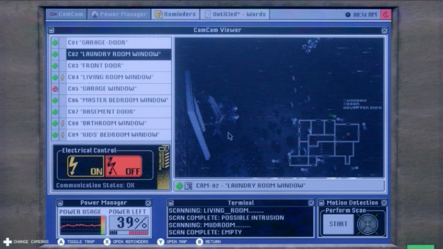 In-game screenshot; The player is using a laptop. On the screen is camera footage showing a masked man standing in front of a window. There is a button to turn some electrical device on or off, and a power meter showing that there is 39% power left.