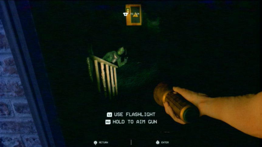 In-game screenshot; The player is holding a flashlight and is using it to look through a doorframe at a set of stairs. The stairs leads to a dark basement. There is a masked woman standing at the bottom of the stairs, holding a syringe. She is staring at the player.
