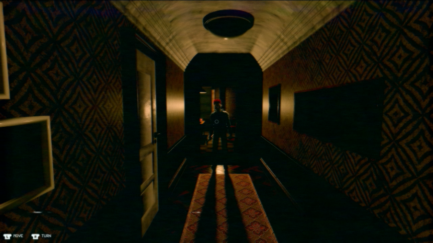In-game screenshot; The player is standing in some hallway. At the end of the hallway, there is a doorway. In the doorway stands a man with a clown mask. He has a hammer in his hand and is staring menacingly at the player.
