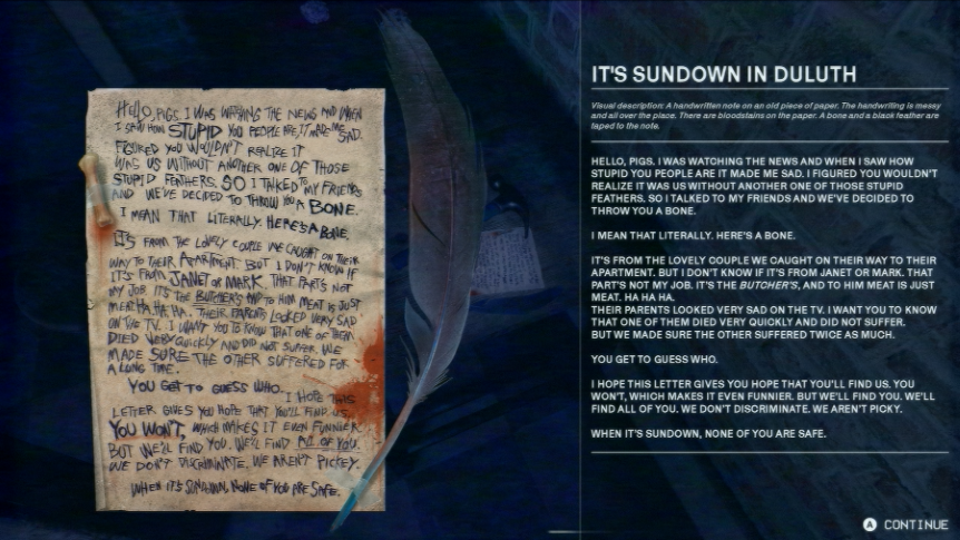 In-game screenshot; The player is examining a document. It's a handwritten note on an old bloody piece of paper. On the right of the screen is a transcript showing the contents of the note, and a visual description of what the note looks like.