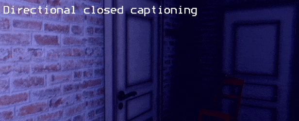 Gameplay footage; Two accessibility features are presented. First, Directional Closed Captioning is shown in action. Then, high-contrast mode is presented by showing how the game looks with this mode off and on.