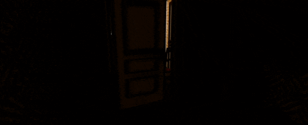 Gameplay footage; The player is walking through a hallway, when a man in a clown mask bursts through the door on the other end of the hallway.